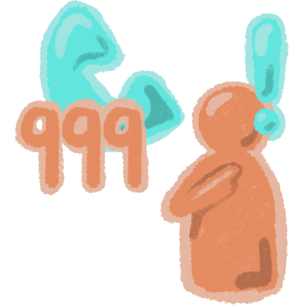 an orange person with a blue exclamation mark on the right of their head and a blue phone on the left. By the phone is an orange 999